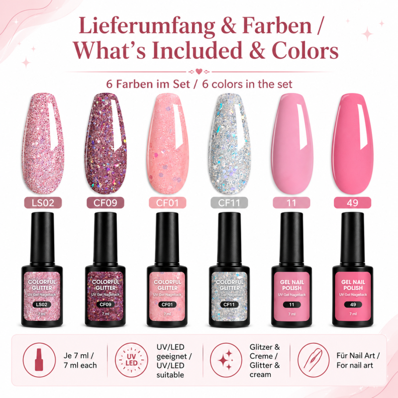 Set de 6 Vernis Gel UV Rose Glamour